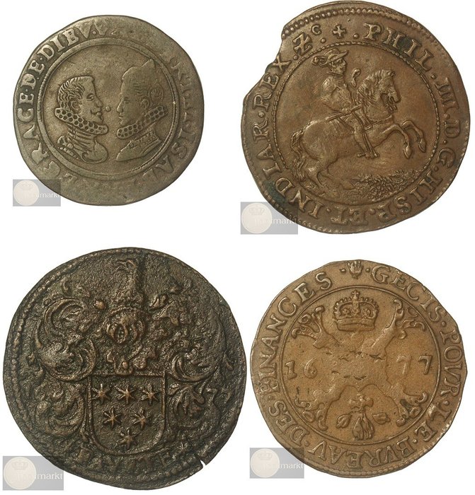 Spaans-Nederland. Lot (4 verschillende) rekenpenningen 1600 t/m 1677