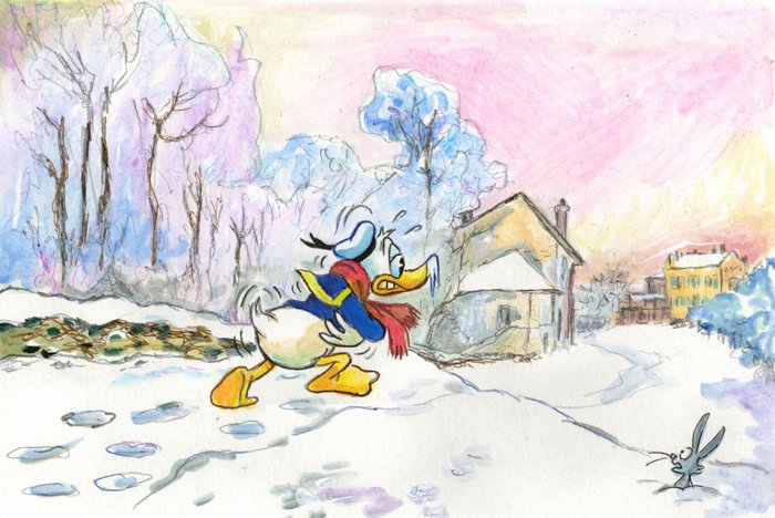 Donald Duck inspired by Claude Monet's "Snow Argenteuil" (1875) - Original Painting - Tony Fernandez Signed - Acrylic Art