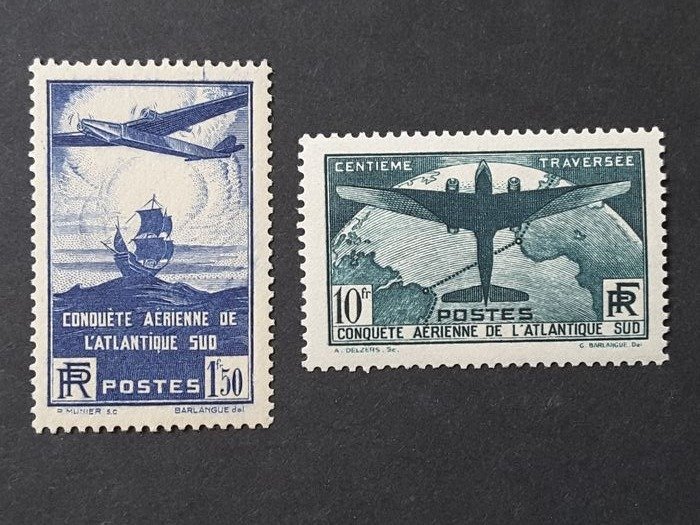 Frankreich 1936 - 100th air crossing of the South Atlantic by French postal aeroplanes, 1 franc 50 blue and 10 francs - Yvert 320 et 321