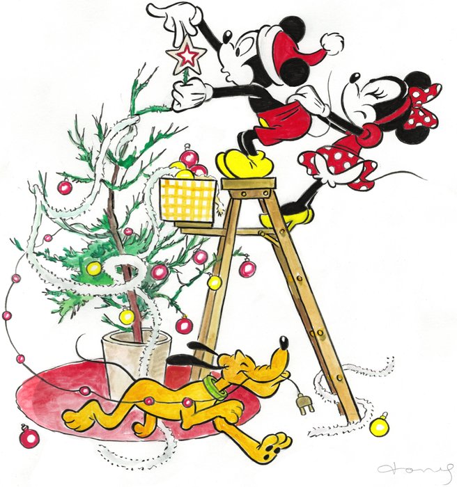 Mickey, Minnie & Pluto inspired by Norman Rockwell's "Trimming the Tree" (1951) - Original Painting - Tony Fernandez Signed - Acrylic Art