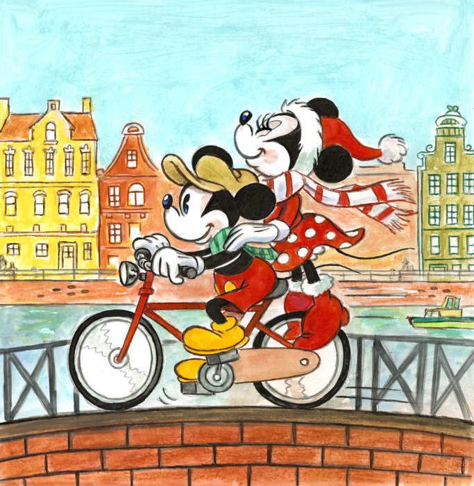 Mickey & Minnie "Christmas Ride in Amsterdam" - Original Painting - Tony Fernandez Signed - 31 x 30 cm
