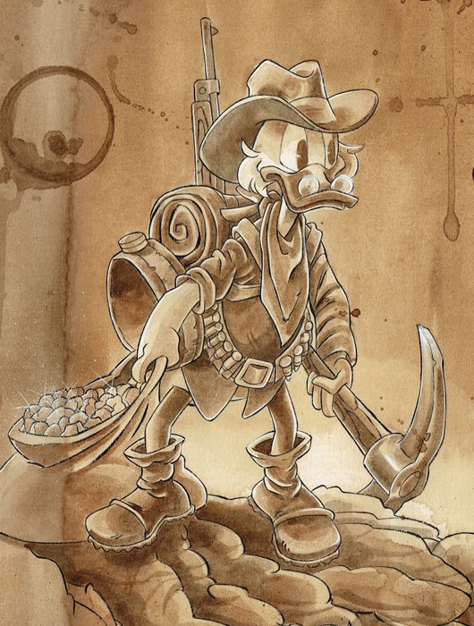 Uncle Scrooge - Tribute to Carl Barks - Original Coffee Painting - Guti Signed - Original Art - 50 x 35 cm
