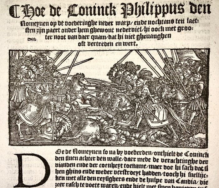 Hans Schauffelein (1480-1540) - woodcut leaf - Dutch; Emperor Philipp, Roman Empire [ Battle scene, Knights in Armour]”  Livy - 1541 - 1541