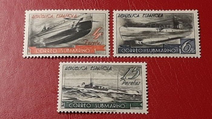 Espagne 1938 - Submarine Post. Complete set of 3 stamps from the miniature sheet. - Edifil SH 781