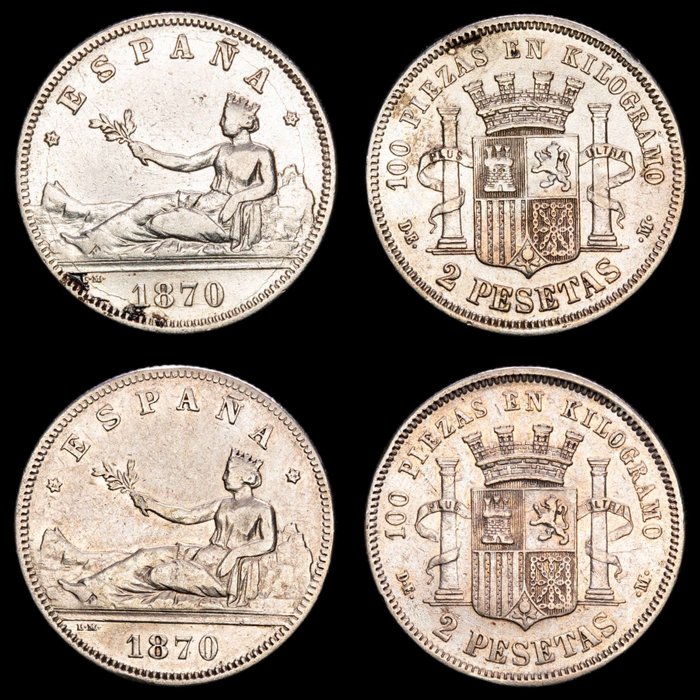 Spain. Gobierno Provisional (1869-1870) Lote de dos monedas. 2 Pesetas - 1870*74 - 1870*75 - DE-M. (2 Monedas)