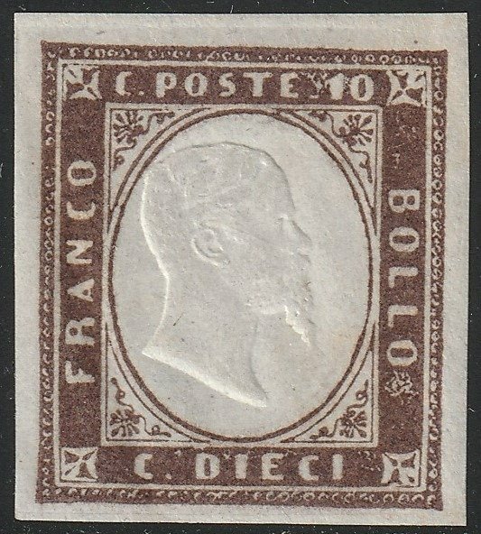 Italian Ancient States - Sardinia 1859 - 4th issue 10 c. 1st plate purplish brown, large margins, intact and rare, exceptional, luxury, with - Sassone n.14Ab