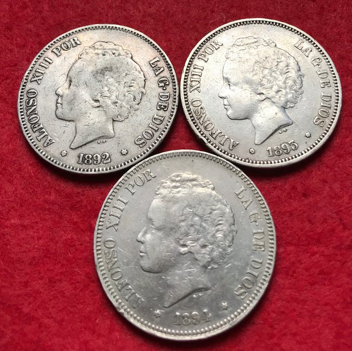 Kingdom of Spain. Alfonso XIII (1886-1931). 5 Pesetas Serie anual completa 1892-1893-1894 - 3 monedas