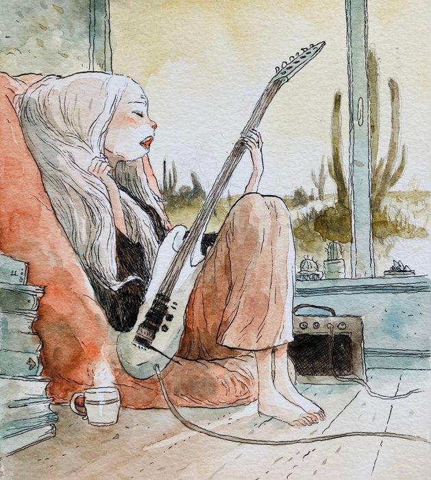 Sandoval, Tony - Dessin original couleur - The Guitar & coffee Girl - (2020)