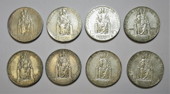 Vatican. Pio XI (1929-1939). 10 Lire 1930- 1937 Serie 8 monete