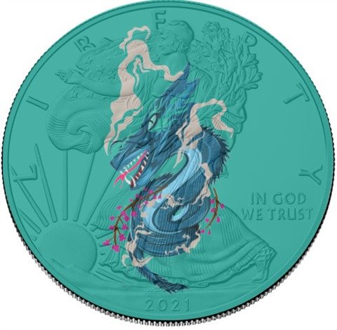 Stati Uniti. 1 Dollar 2021 -  American Eagle - "Space Türkis Dragon" - Colorized - 1 Oz with COA