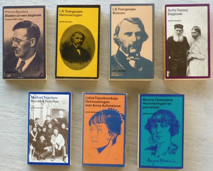 Toergenjev / Tolstoj / Tsjechov / Tsjoekovskaja / Tsvetajeva / Sorokin - Privé-domein, Kavel met 7 uitgaven van Russische schrijvers - 1974/1989