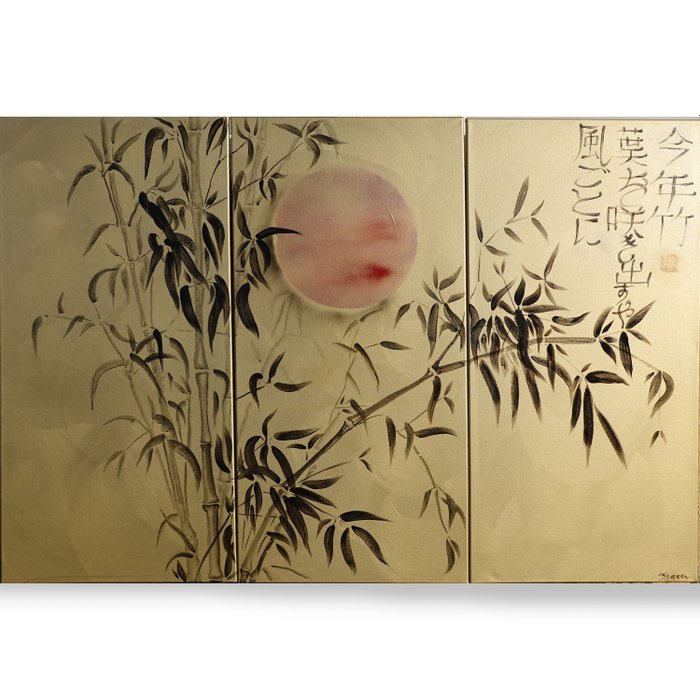 Preview of the first image of Ksavera - Japanese bamboo J204 - large gold triptych painting.