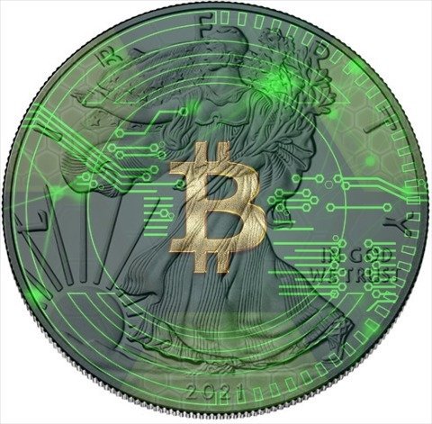 United States. 1 Dollar 2021 -  American Eagle - "Green Chain Bitcoin" - Colorized - 1 Oz with COA