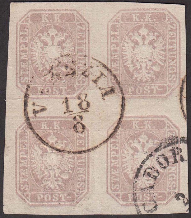 Anciens États italiens - Lombardie-Vénétie 1863 - Francobollo per giornali 1,05 s. bruno grigiastro blocco di 4 esemplari - Sassone N. 11