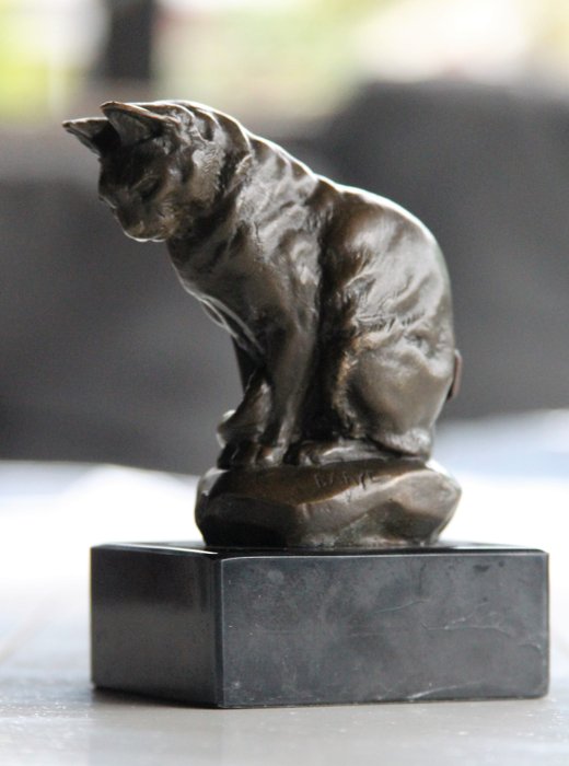 Beeld, sitting cat - 16 cm - brons marmer