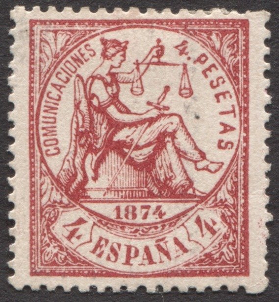 Espagne 1874/1874 - Allegory of Justice. 4 pesetas. Cardboard paper. Expertised by Gálvez. - Edifil 151p