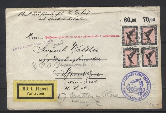 Duitse Rijk 1926 - Airmail letter with correct postage, 1st weight category up to 20 g - Michel-Nr. 382 Oberrand - Viererblock