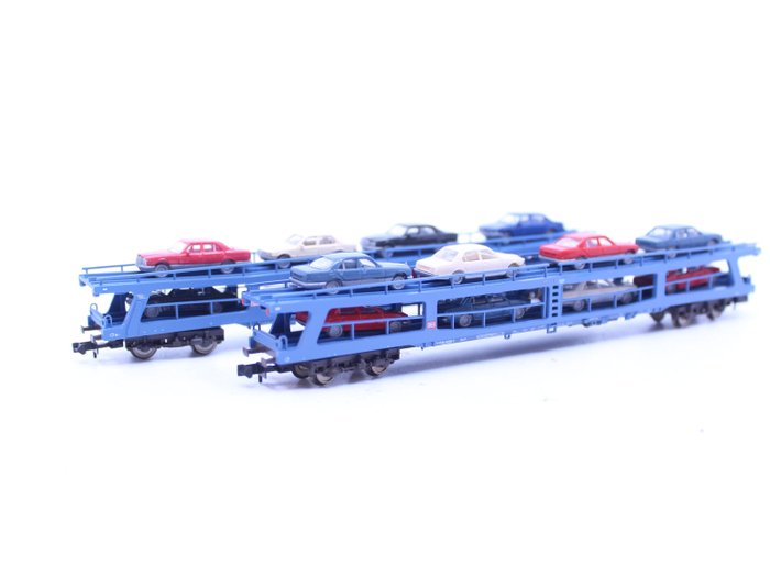 Fleischmann N - 8291 - Goederenwagon - 2 autotransporters blauw met elk 8 personenwagens - DB