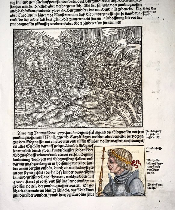 Heinrich Vogtherr (the Elder) (1490-1556) - Large folio - Large woodcut Burgundy Wars; Battle of Nancy (1477), France  - 1548 - 1548