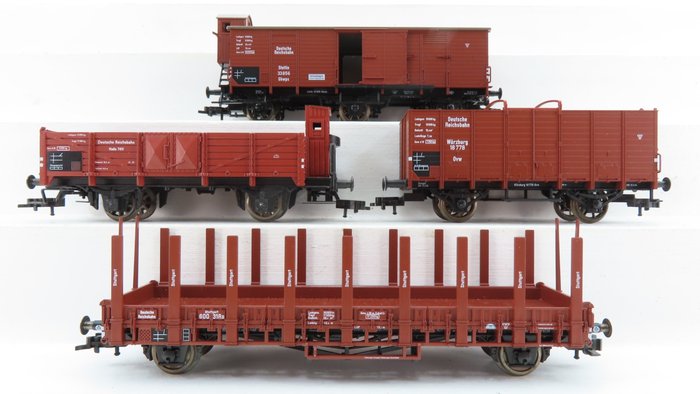 Fleischmann H0 - 5226K/5203K - Transport de fret - 4 wagons marchandises différents à 2 et 3 essieux, dont un wagon à ranchers - DRG