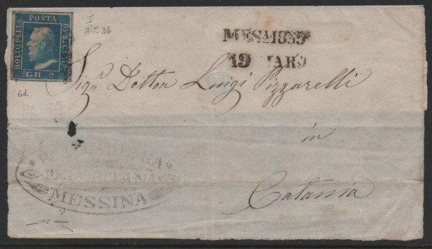 Italiaanse oude staten - Sicilië 1859 - 2 gr. azzurro oltremare su frontespizio di lettera da Messina a Catania - Sassone N. 6d