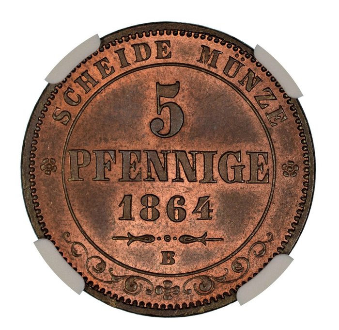 Deutschland, Saxe-Albertine. Johann (1854-1873). 5 Pfennig 1864-B. NGC slab (Erhaltung).