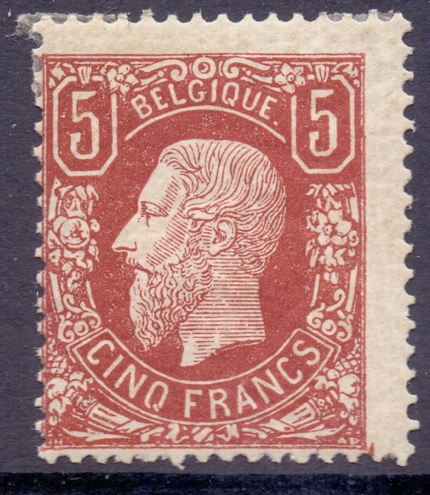 België 1878 - Leopold II - 5f brown-red - gesigneerd en certificaten voor blok van 4 waaruit zegel afkomstig is - OBP/COB 37