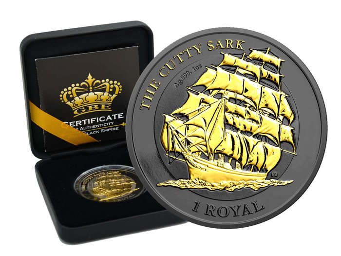 Territoire britannique de l'océan indien. 1 Dollar 2021 British Indian Territory The Cutty Sark  - Gold Black Empire Edition in Box CoA - 1 Oz