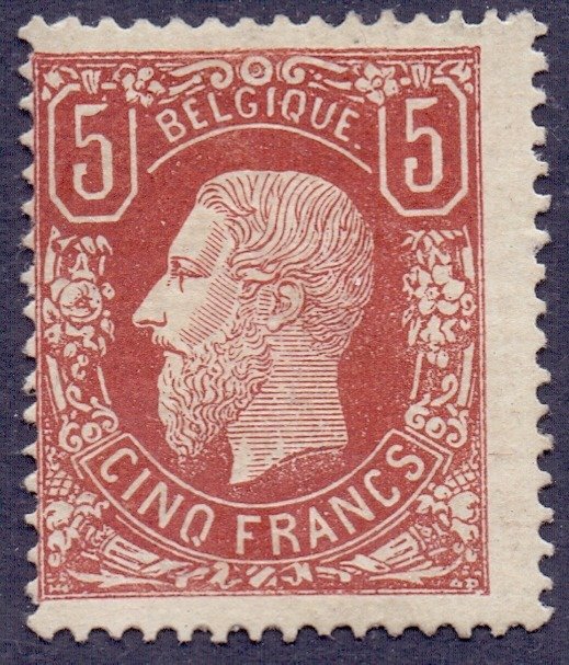 Belgium 1878 - Leopold II 5F brown-red - Signed and with multiple inspections - OBP/COB 37 - QUASI POSTFRIS
