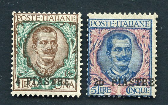 Levant (Italian post offices from 1874 to 1923) 1908 - Constantinople - 4 p. on 1 lira, 20 p. on 5 lire, 2nd local issue - Sassone NN. 13/14