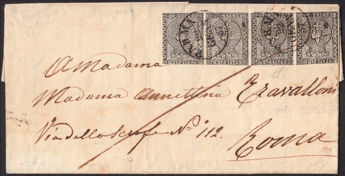 Italiaanse oude staten - Parma 1857 - 1st issue c. 10 white, strip of 4 on letter from Parma to Rome 22/1/57 - Sassone N. 2