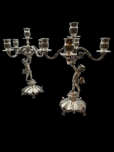 Candelabrum, Beautiful Pair of Portuguese Silver 5-Fire Chandeliers, 46cm (18 inches) / 6140g (217 oz) (2) - .833 silver - Portugal - 1938/1984
