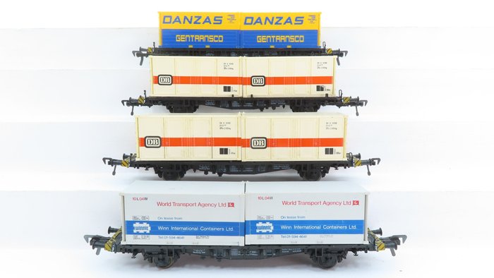Fleischmann H0 - 5233 / 5236 / 5232 - Transport de fret - 4 wagons porte-conteneurs avec impression, entre autres, de "Danzas" et "DB" - DB