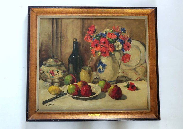 Image 2 of P. Lanou (XX) - Impressionistisch stilleven met appels, bloemen en fles wijn