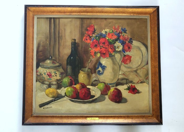 Image 3 of P. Lanou (XX) - Impressionistisch stilleven met appels, bloemen en fles wijn