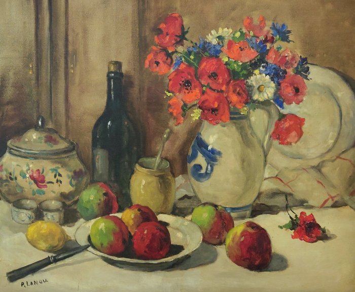 Preview of the first image of P. Lanou (XX) - Impressionistisch stilleven met appels, bloemen en fles wijn.