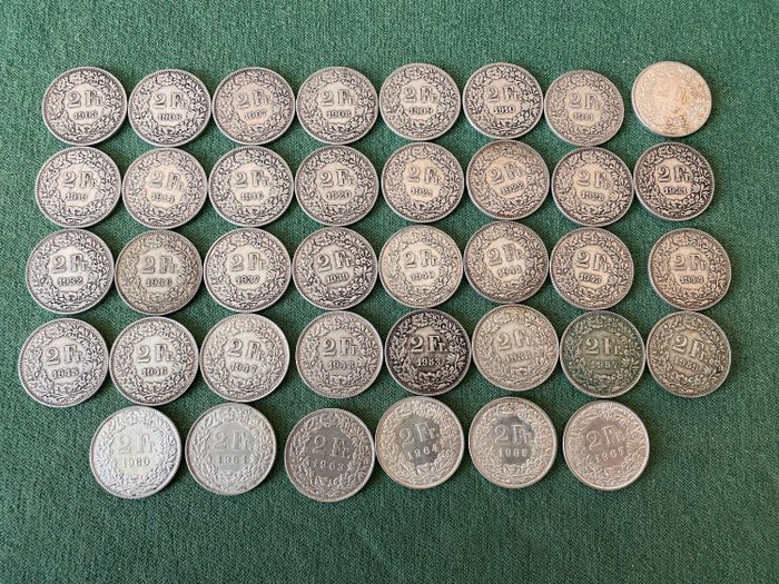 Schweiz. 2 Franco svizzero argento (1903-1967) - 38 pezzi tutte date differenti