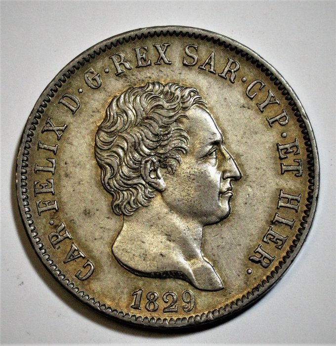 Italie, Royaume de Sardaigne. Charles-Félix duc de Savoie (1821-1831). 5 Lire 1829 - Genova