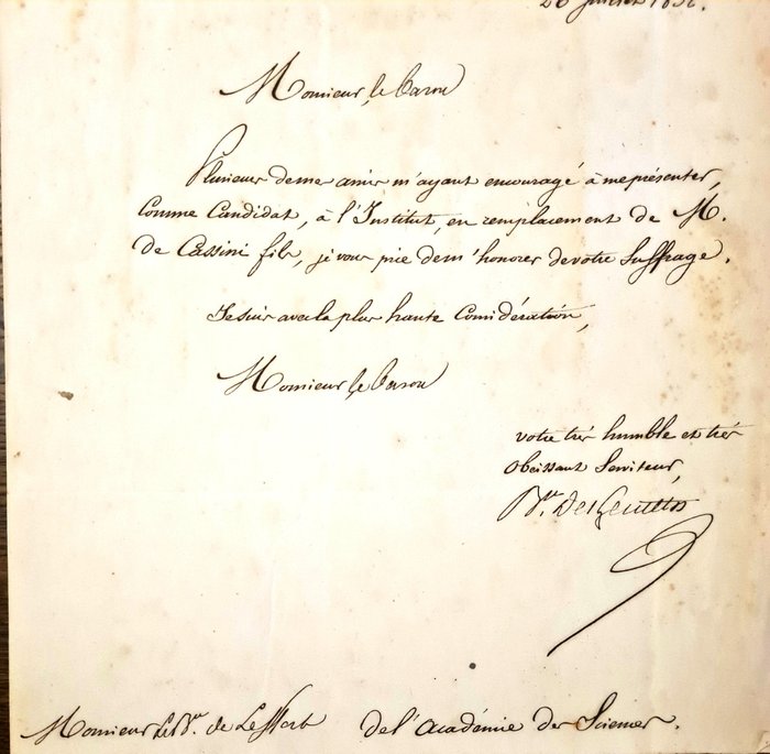 René-Nicolas Desgenettes - - Lettre Signée à Benjamin Delessert [Académie des Sciences] - 1832