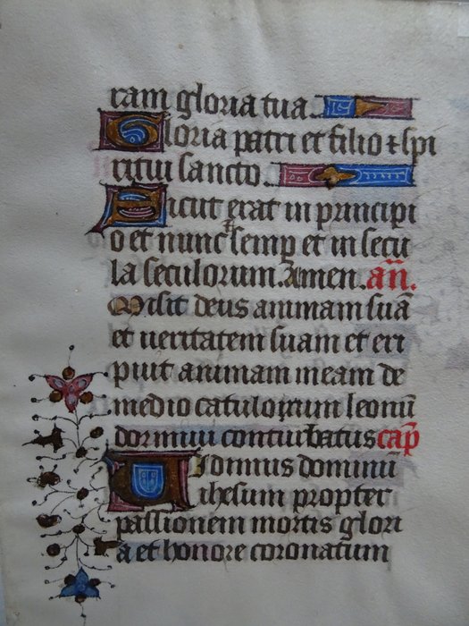 Getijdenboek  blad - Manuscript op Perkament - Frankrijk - Hymne met gouden bloemranken - 1440