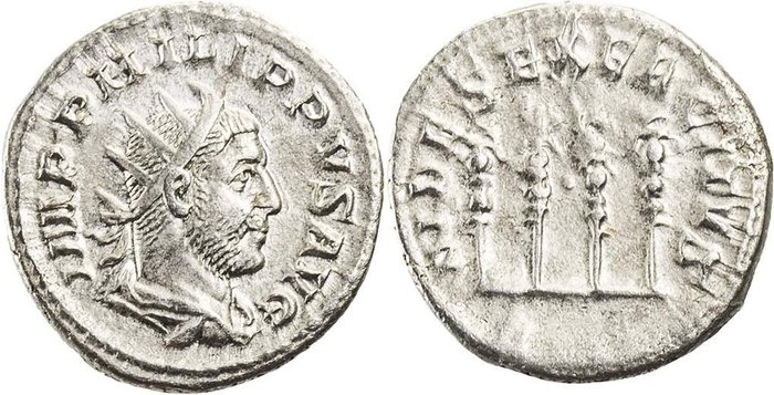 Roman Empire. Philip I (AD 244-249). AR Antoninianus,  Rome - FIDES EXERCITVS, four standards