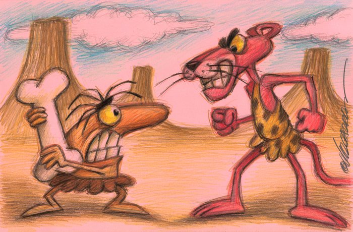 Pink Panther & Closeau - "Prehistoric Times" - Original Drawing - Joan Vizcarra - Pencil Art - 50 x 32 cm