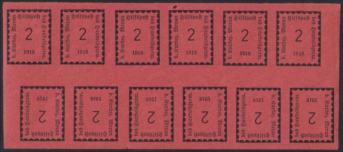 Merano 1918 - Merano 2 heller pink, complete minisheet of 12 pieces - Sassone N. 1B