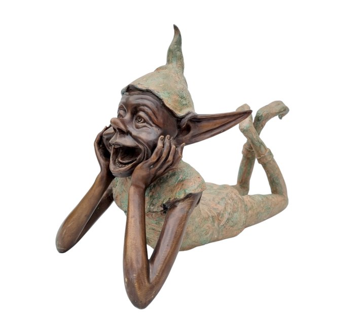 雕塑, A happy gnome / Pixie - 42 cm - 铜绿青铜