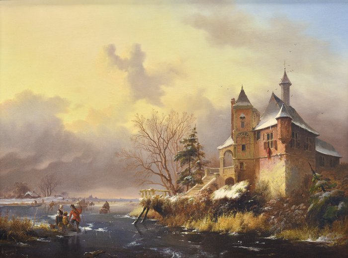 Frederik Marinus Kruseman (1816-1882) - Wintergezicht met kasteel en schaatsers
