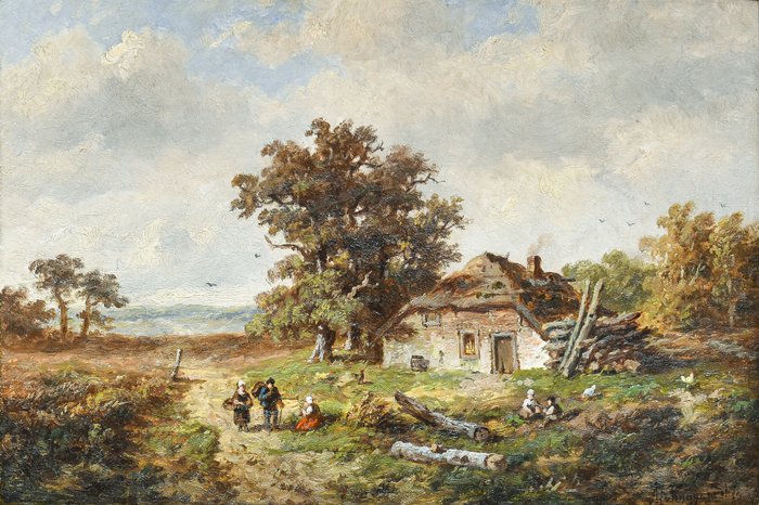 Anthonie Jacobus van Wijngaerdt (1808-1887) - Zomerlandschap met boerderij en kinderen