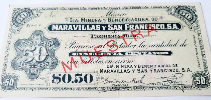 Messico - La Compañía Minera y Beneficiadora Maravillas y San Francisco - 50 Centavos ND (1910-1920) - SPECIMEN / MUESTRA