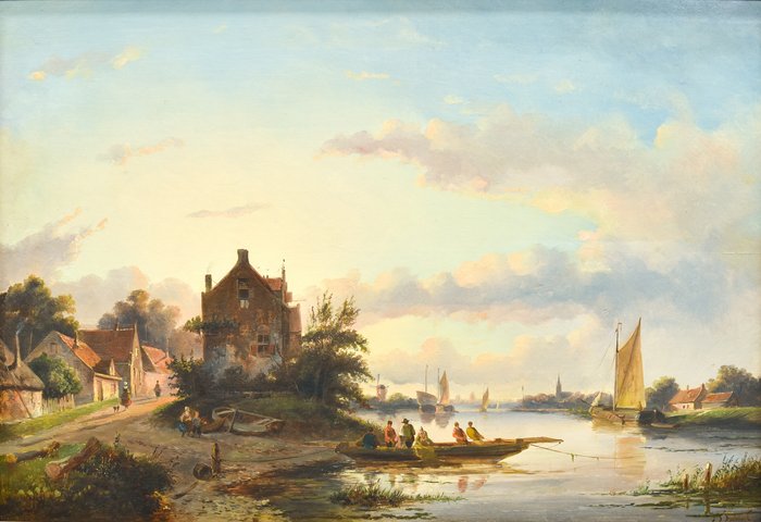 Jan Jacob Spohler (1811-1866) - Oeverlandschap met huizen en pont