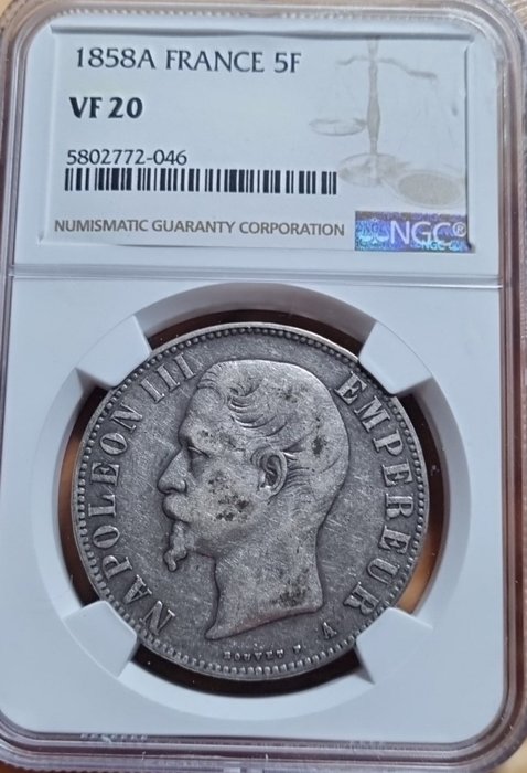 France. Napoléon III (1852-1870). 5 Francs 1858-A, Paris - NGC VF20