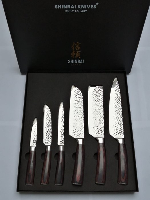 Shinrai Japan™ - 6 Piece professional knives set - Hammered Steel - Pakka Wood - Couteau de cuisine - Acier (inoxydable) - Japon